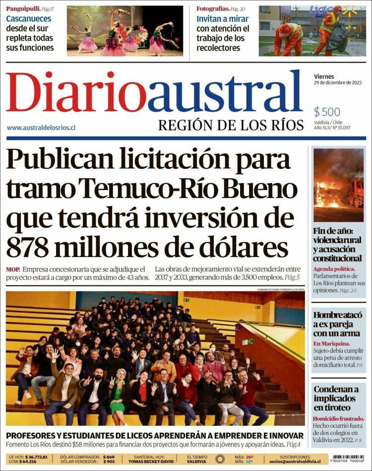 Portada de El Diario Austral de Valdivia (Chile)