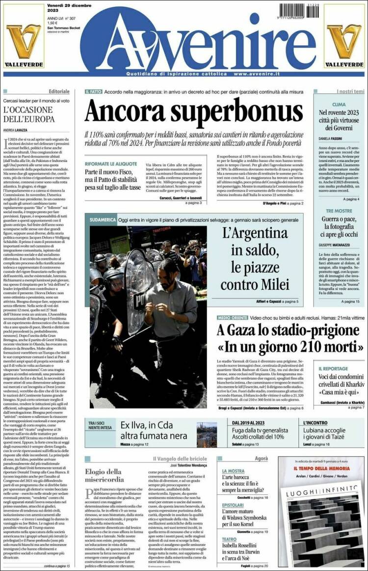 Portada de Avvenire (Italia)