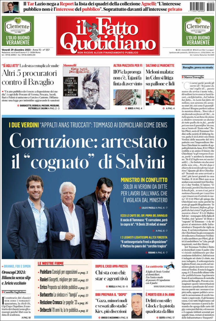 Portada de Il Fatto Quotidiano (Italia)