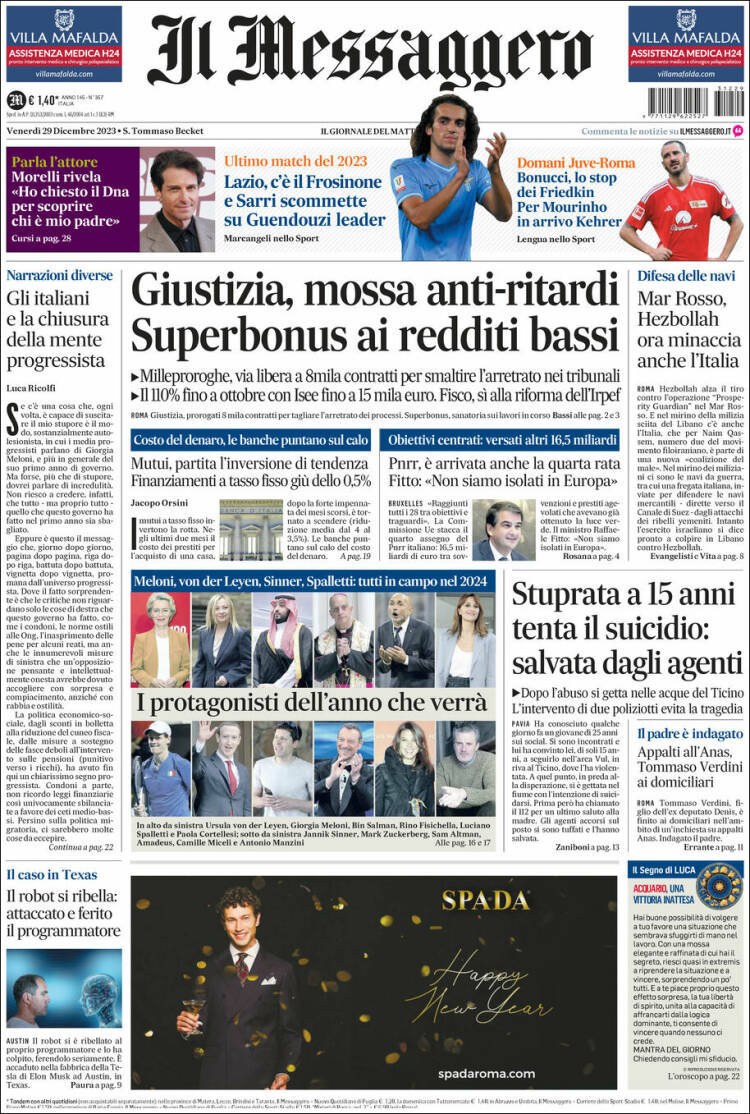Portada de Il Messaggero (Italia)