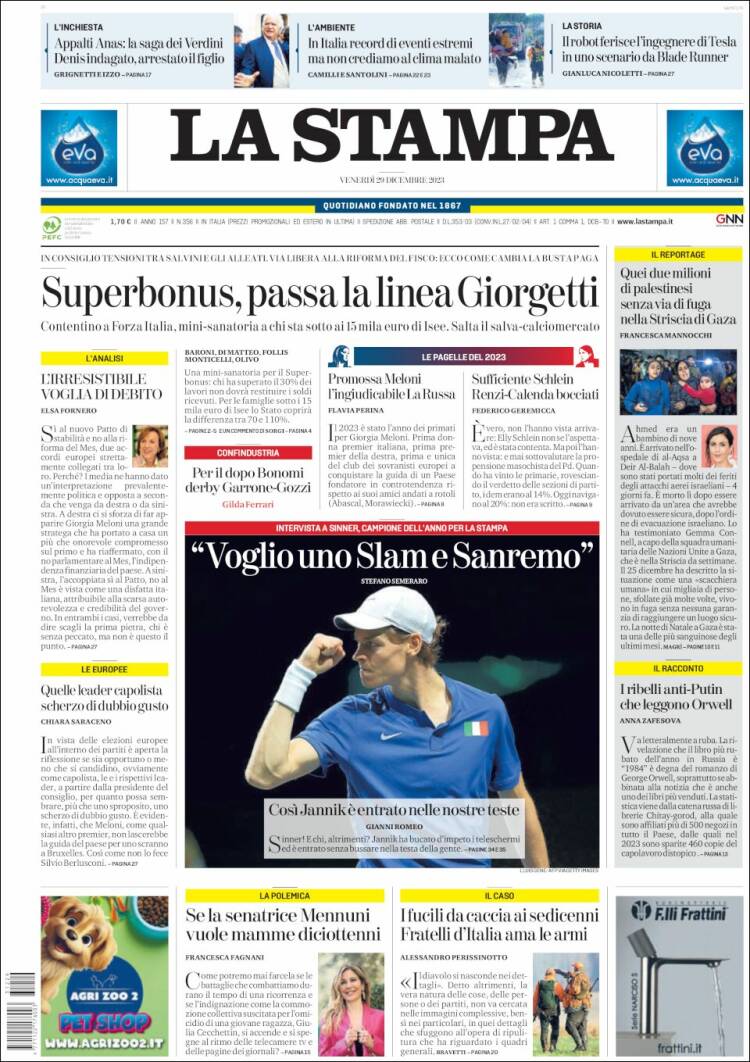 Portada de La Stampa (Italia)