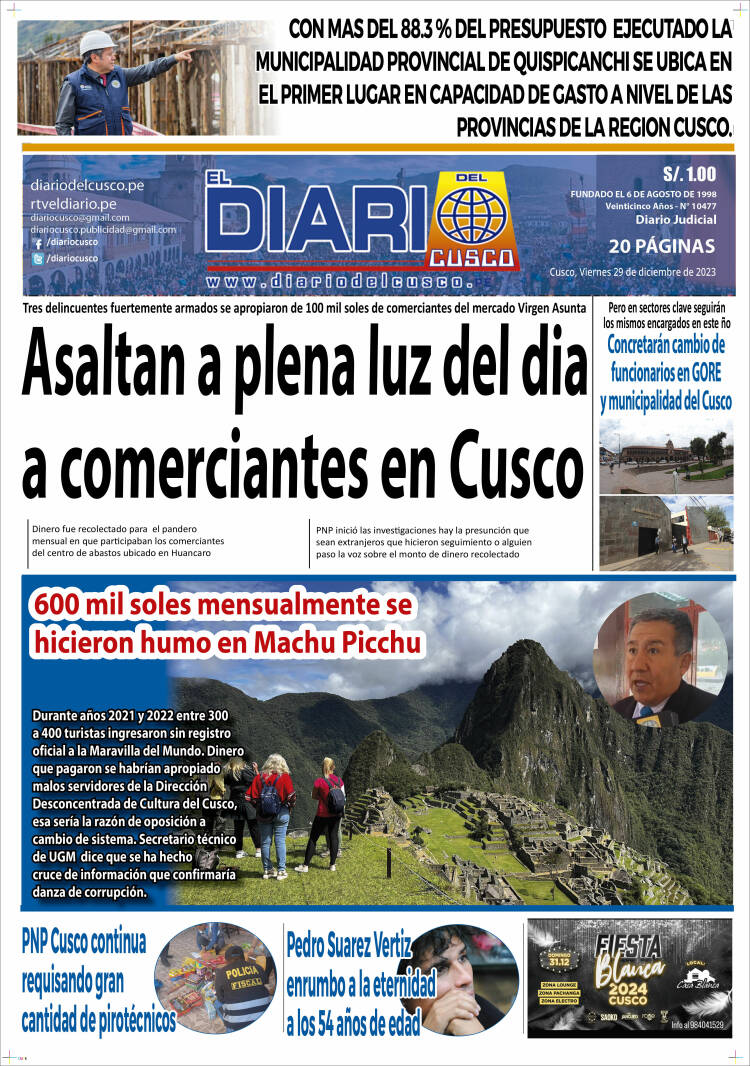 Portada de El Diario del Cusco (Per&uacute;)