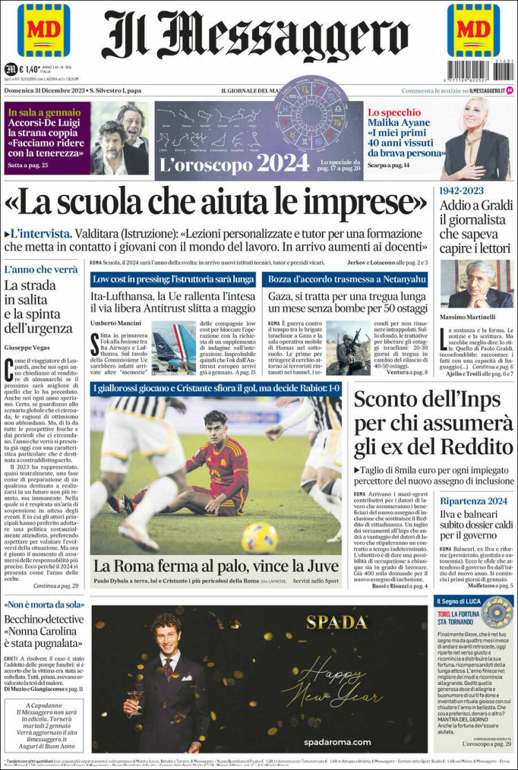Portada de Il Messaggero (Italia)