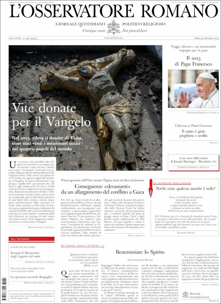 Portada de L'Osservatore Romano (Italia)