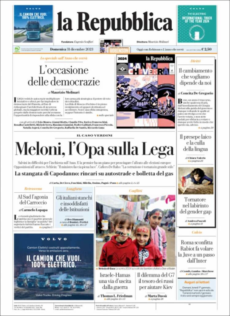 Portada de La Repubblica (Italia)