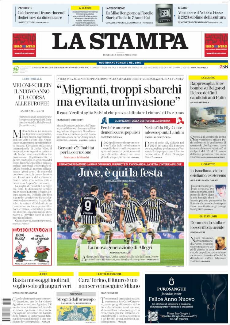 Portada de La Stampa (Italia)