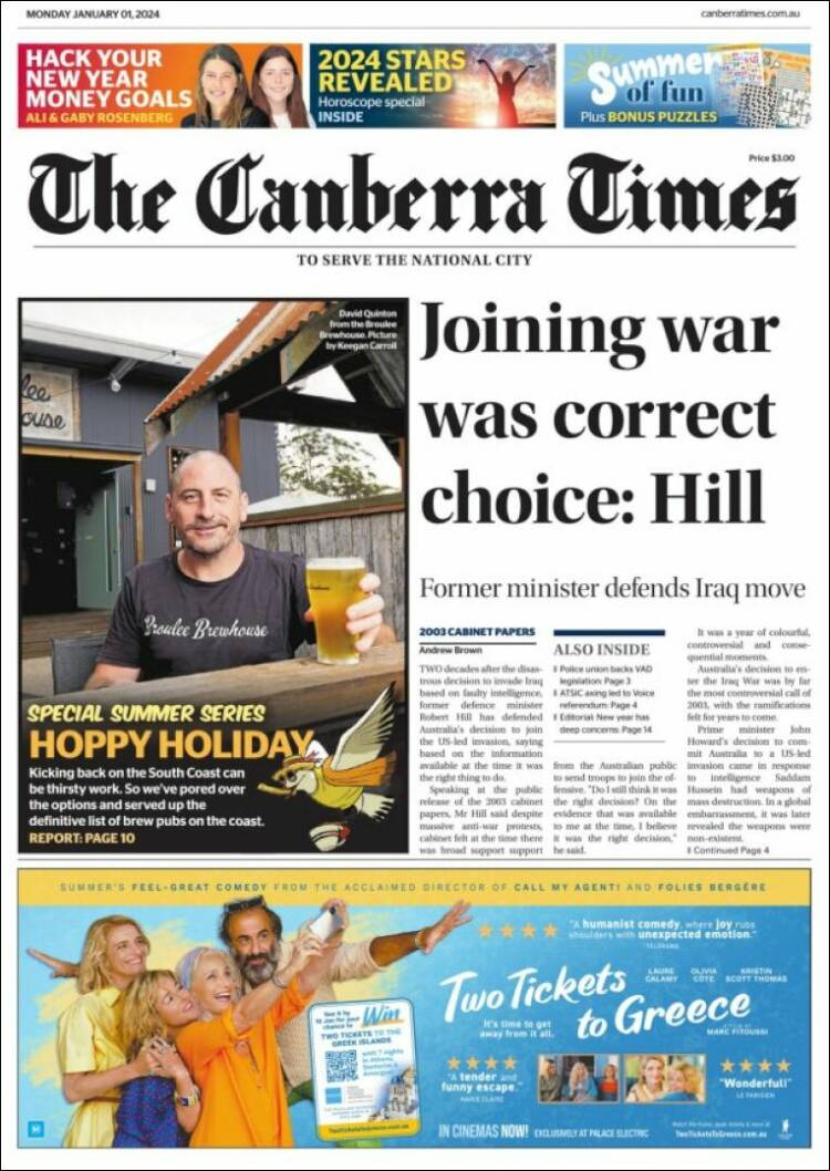 Portada de The Canberra Times (Australia)