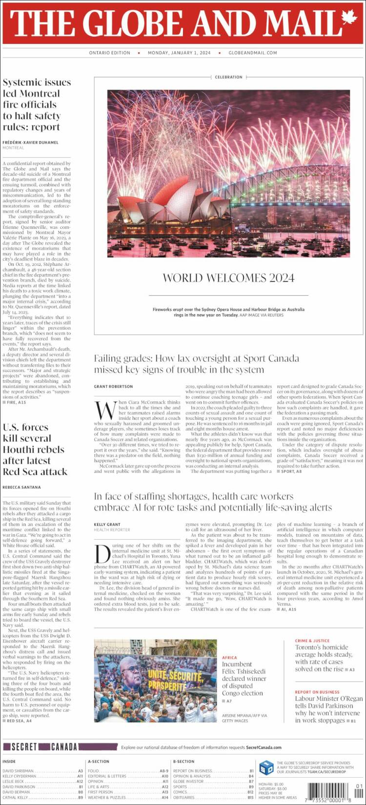 Portada de The Globe and Mail (Canadá)