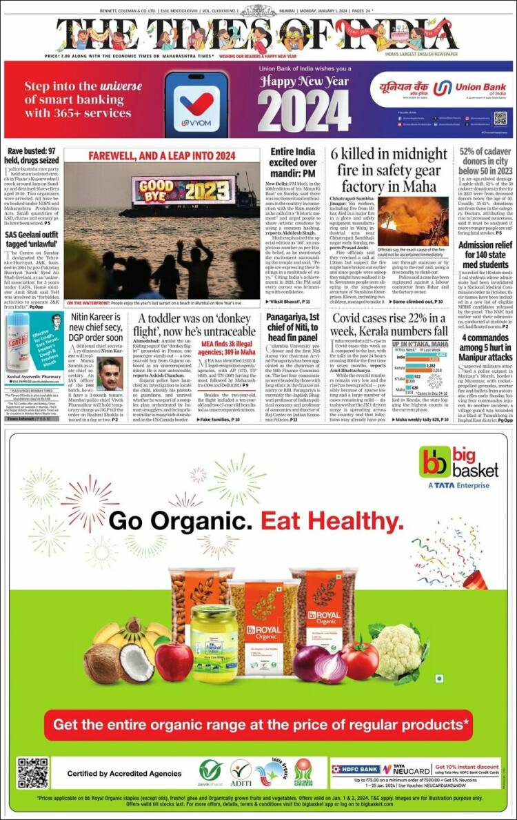Portada de The Times of India (India)