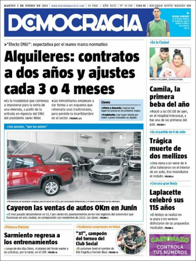 Portada de Diario Democracia (Argentina)