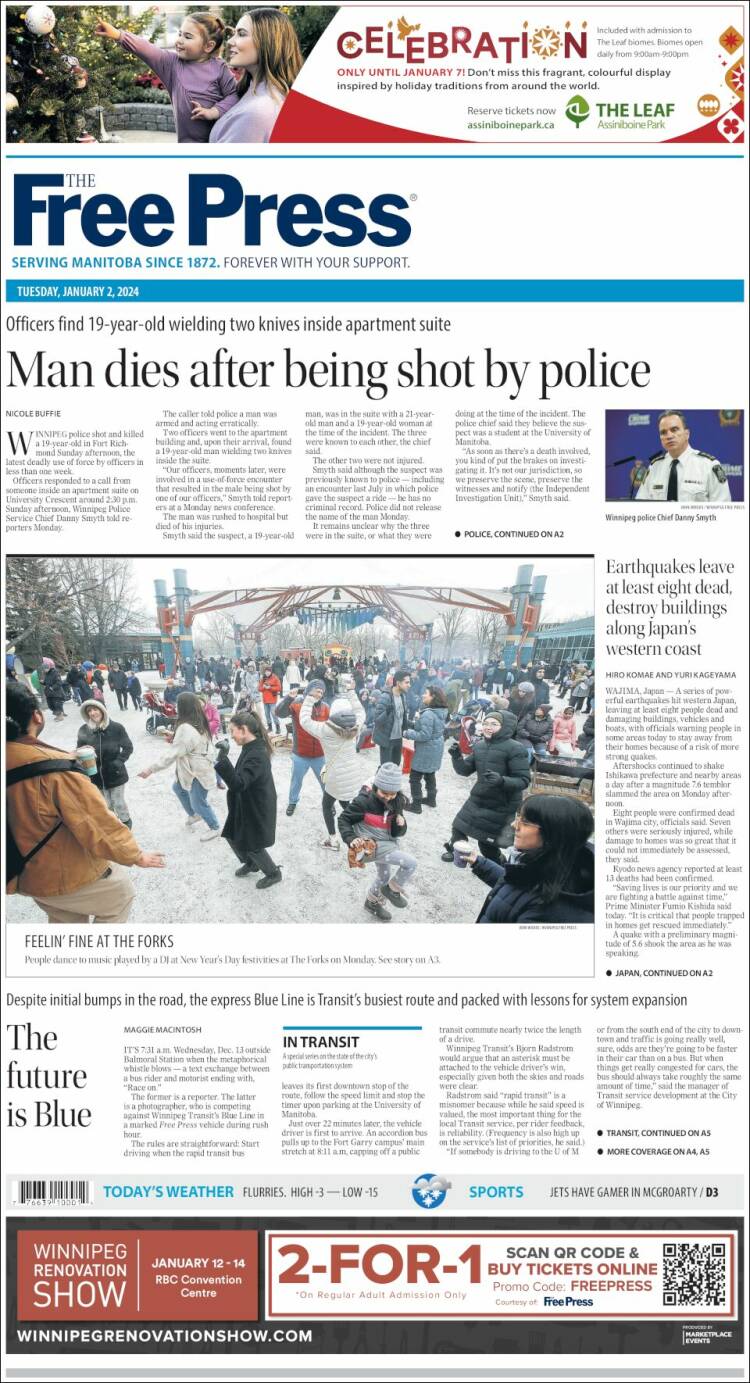 Portada de Winnipeg Free Press (Canadá)