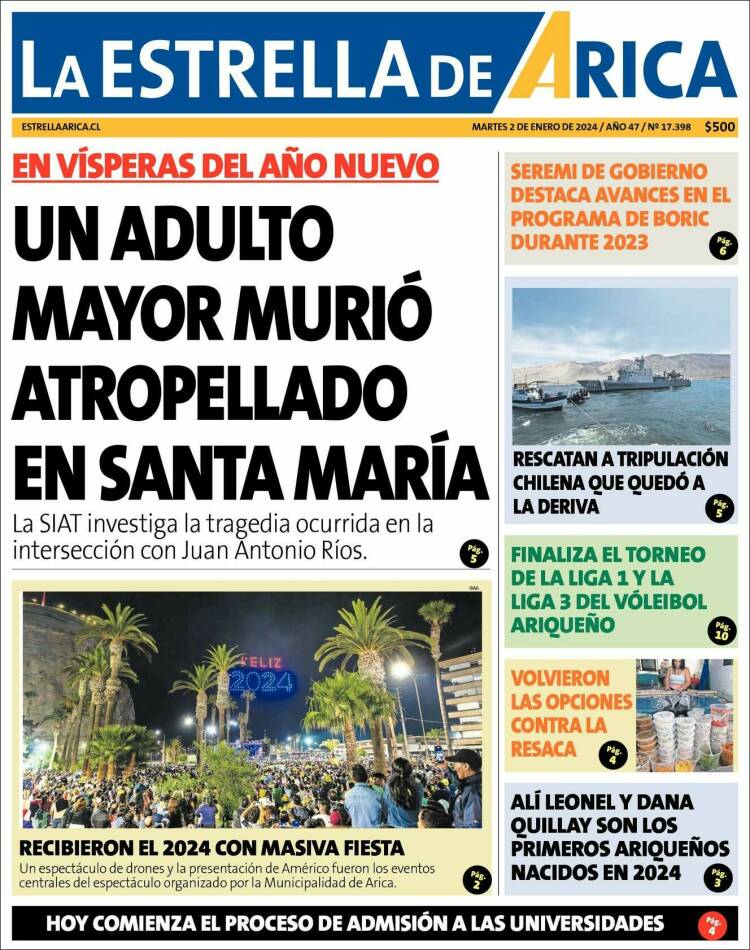 Portada de La Estrella de Arica (Chile)