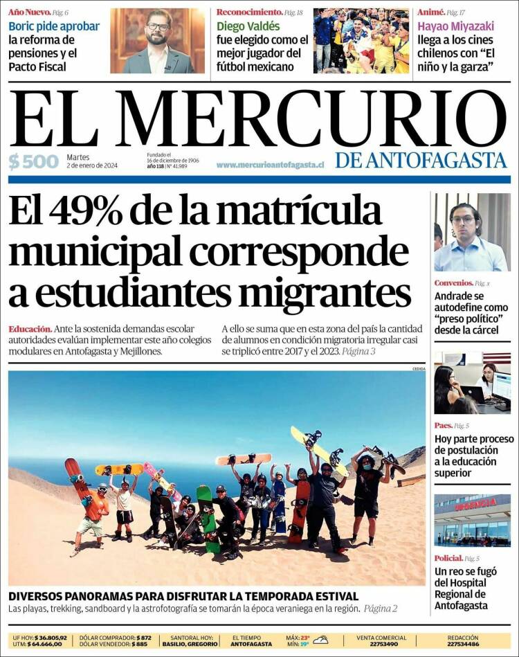 Portada de El Mercurio de Antofagasta (Chile)