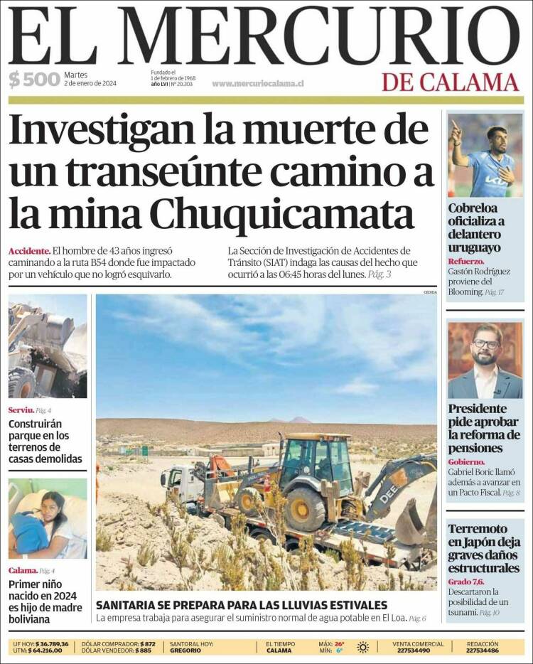Portada de El Mercurio - Calama (Chile)