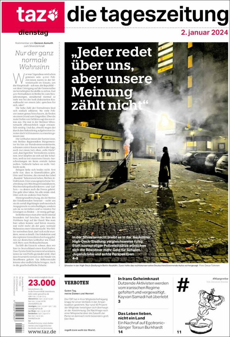 Portada de Die Tageszeitung (Alemania)