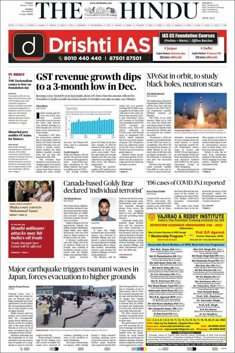 Portada de The Hindu (India)