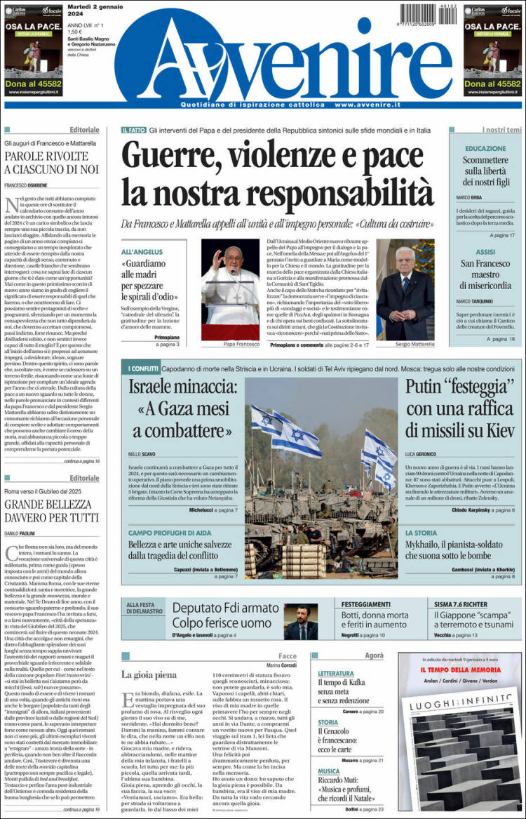 Portada de Avvenire (Italia)