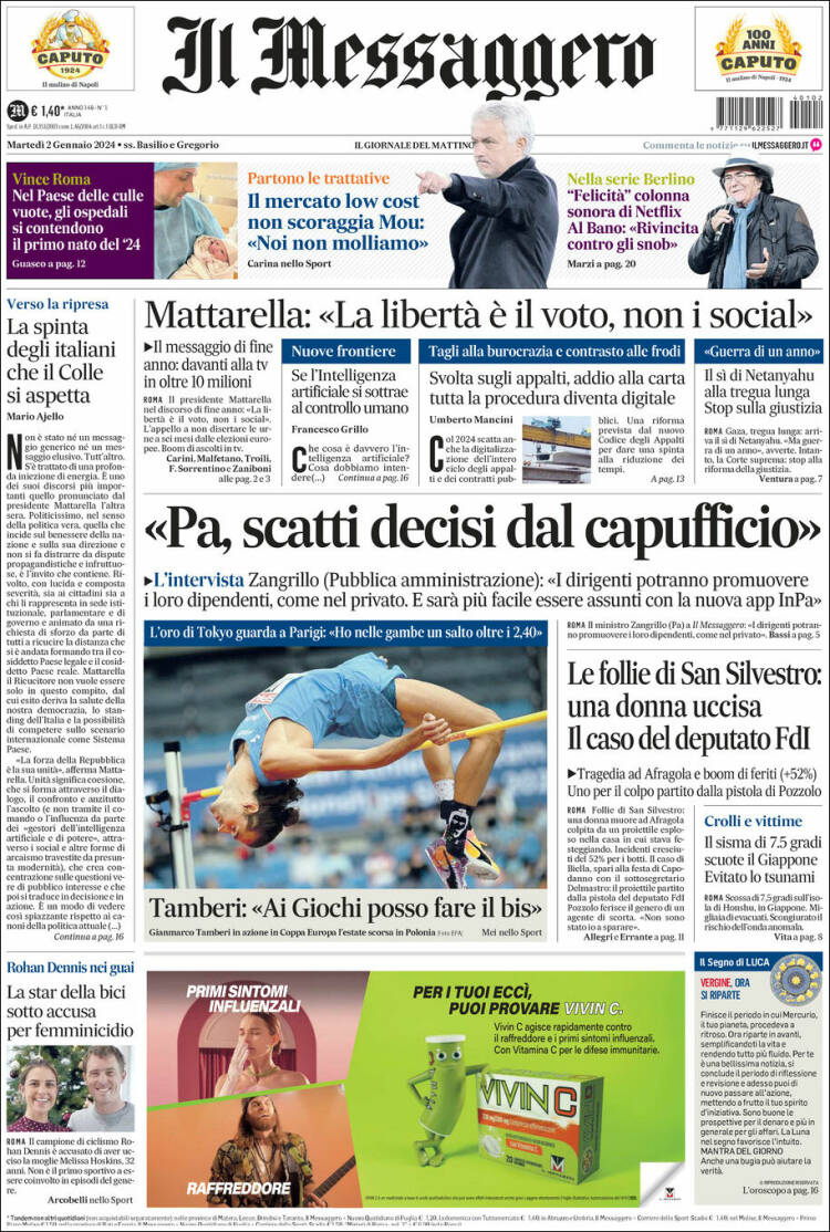 Portada de Il Messaggero (Italia)