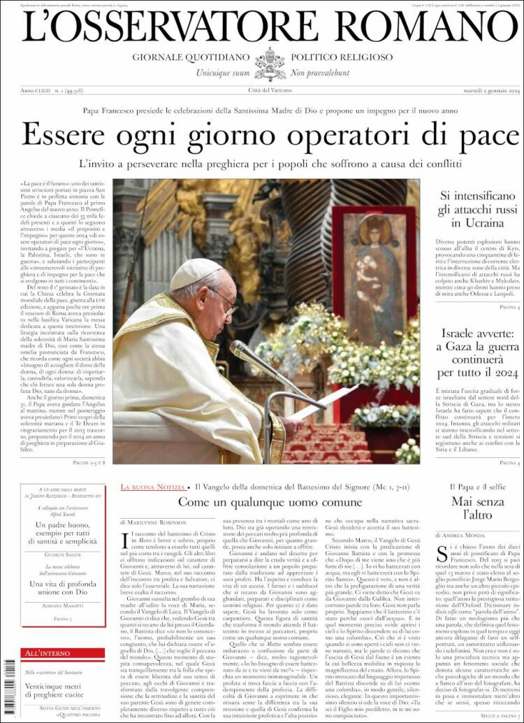 Portada de L'Osservatore Romano (Italia)