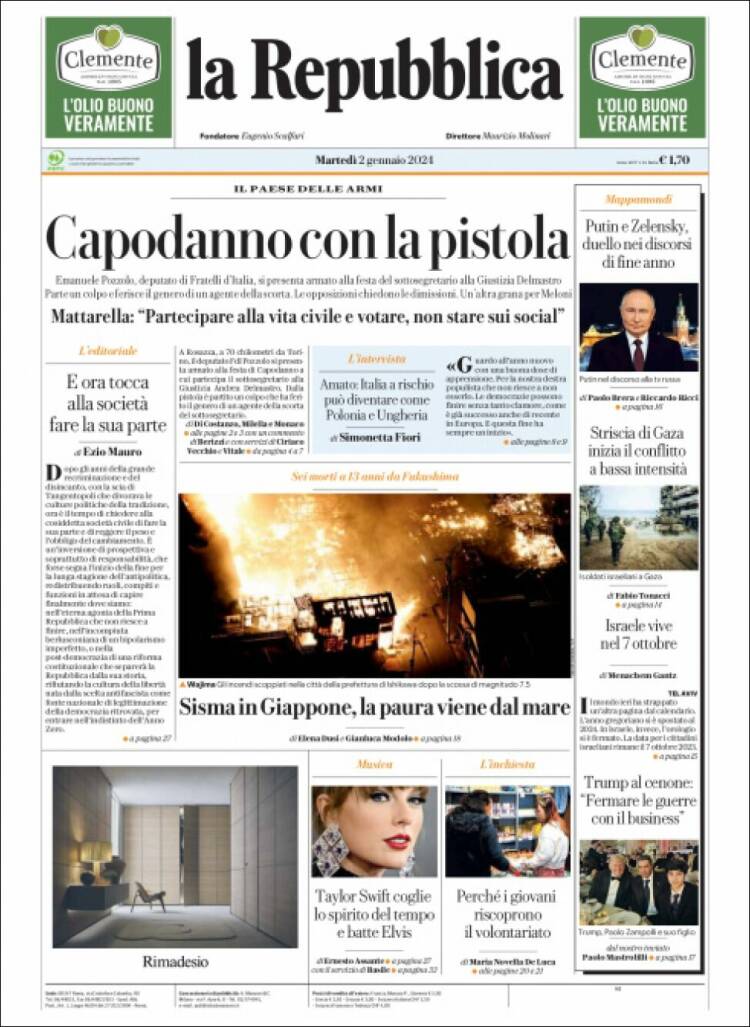 Portada de La Repubblica (Italia)