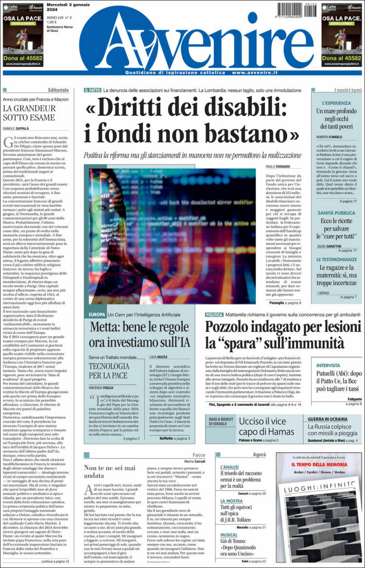 Portada de Avvenire (Italia)