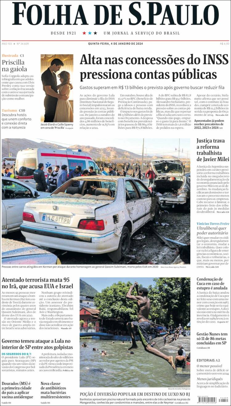 Periódico Folha De São Paulo Brasil Periódicos De Brasil Edición De Jueves 4 De Enero De 0847