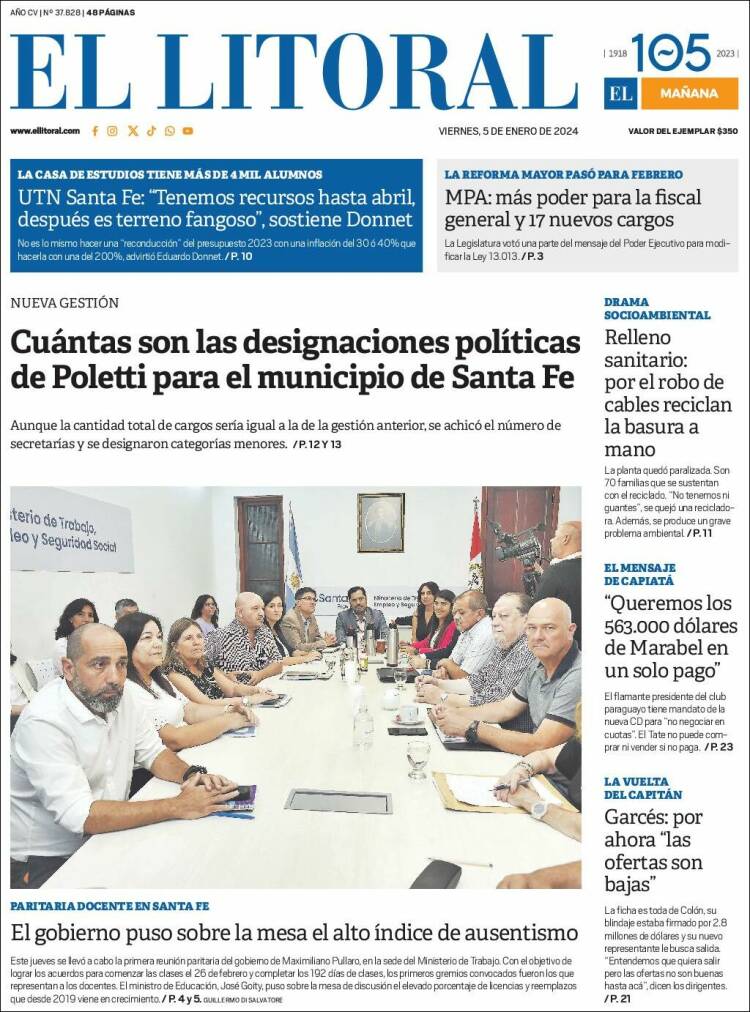 Portada de Diario El Litoral (Argentina)