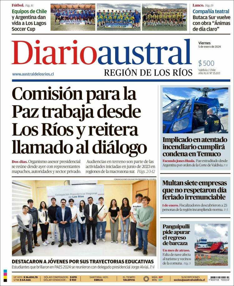 Portada de El Diario Austral de Valdivia (Chile)