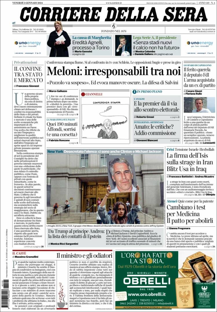 Portada de Corriere della Sera (Italia)