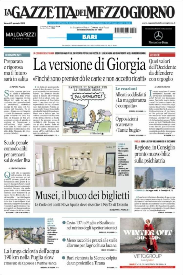 Portada de La Gazzetta del Mezzogiorno (Italia)