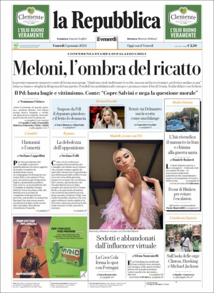Portada de La Repubblica (Italia)