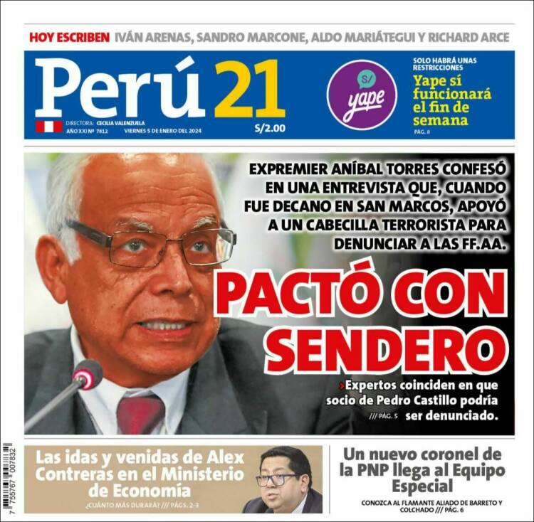 Portada de Perú 21 (Perú)