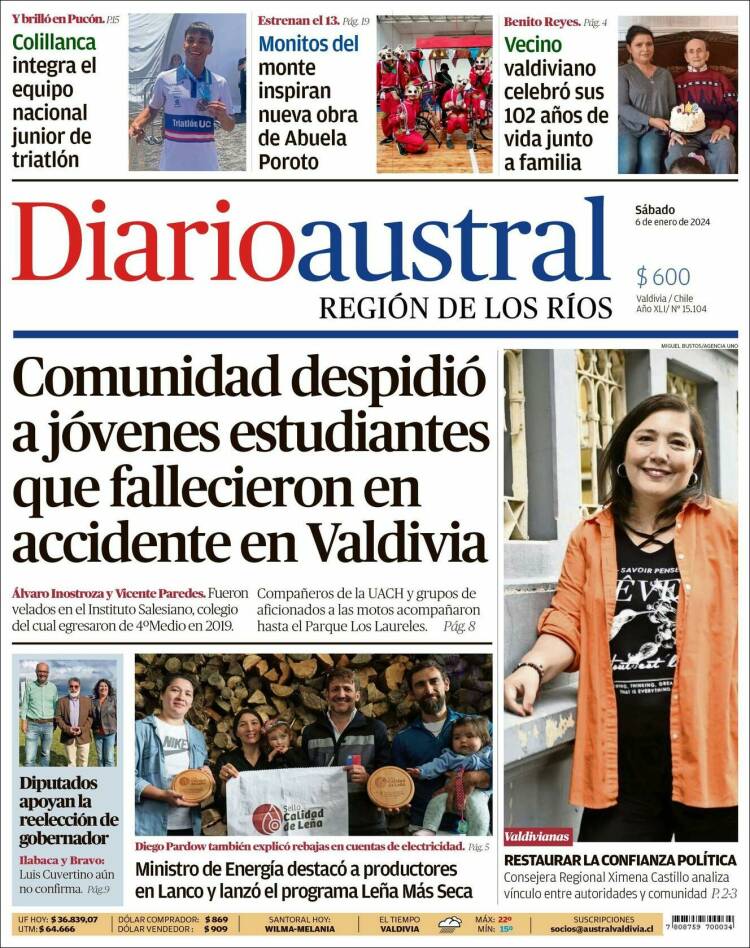 Portada de El Diario Austral de Valdivia (Chile)