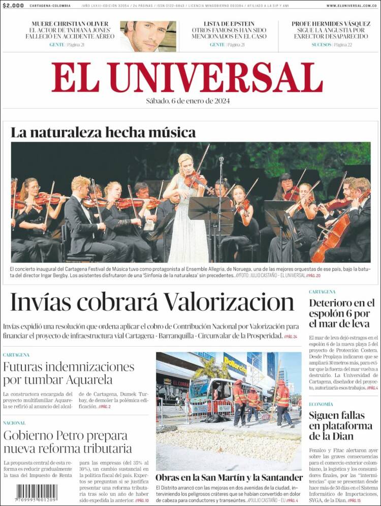 Portada de El Universal (Colombia)