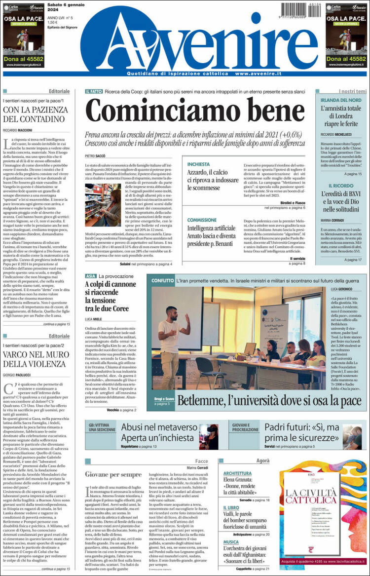 Portada de Avvenire (Italia)