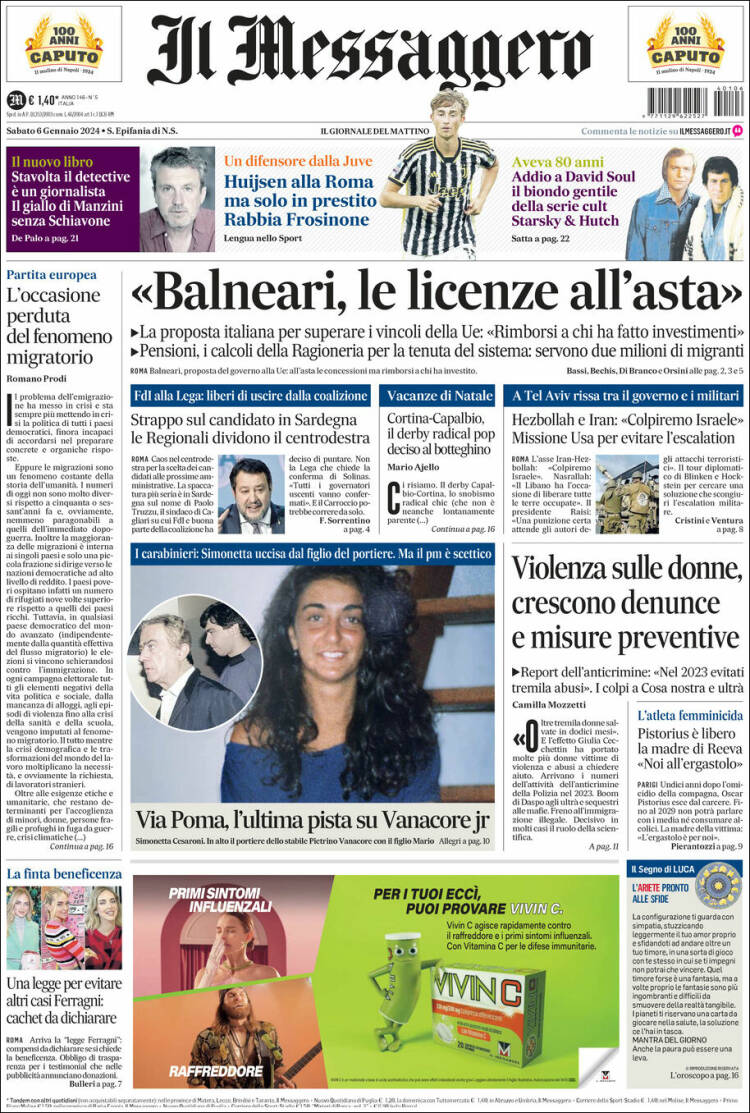 Portada de Il Messaggero (Italia)