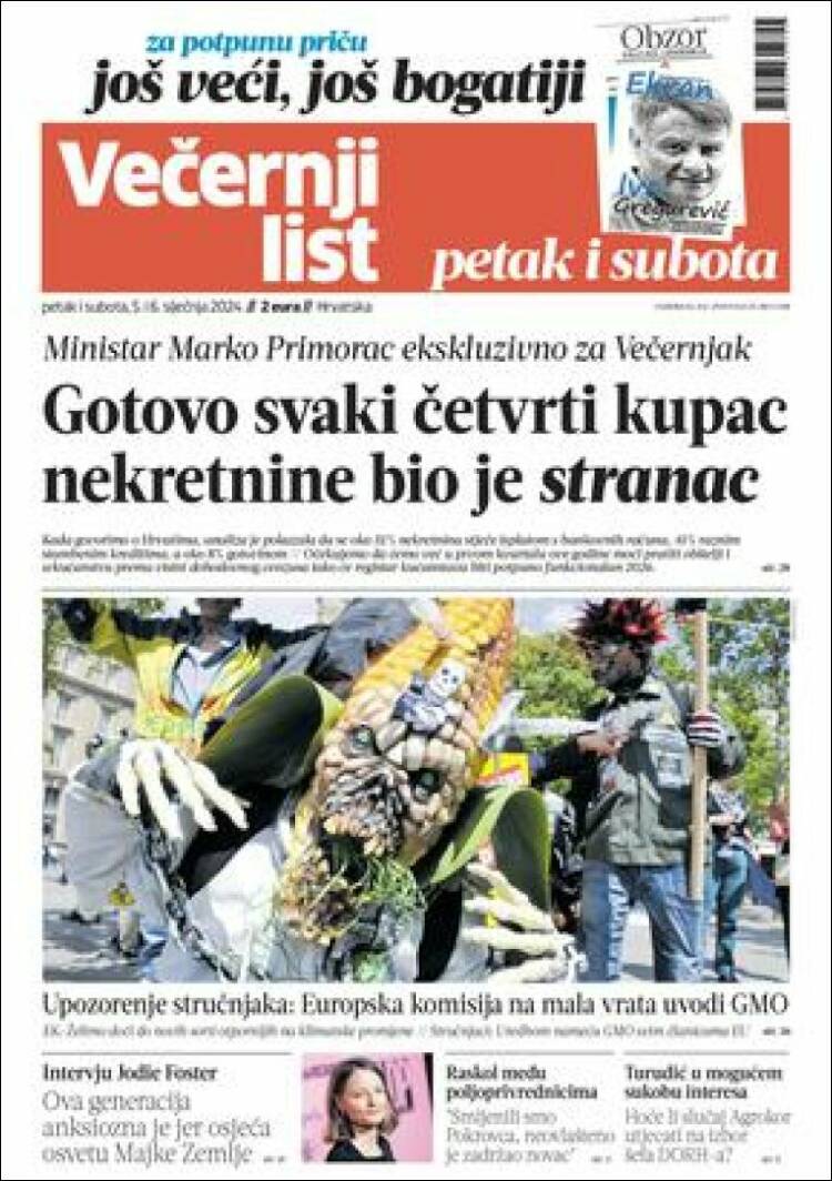 Portada de Večernji (Croacia)