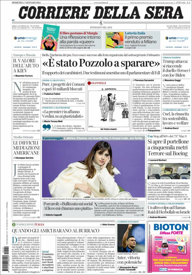 Portada de Corriere della Sera (Italia)