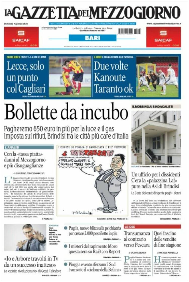 Portada de La Gazzetta del Mezzogiorno (Italia)