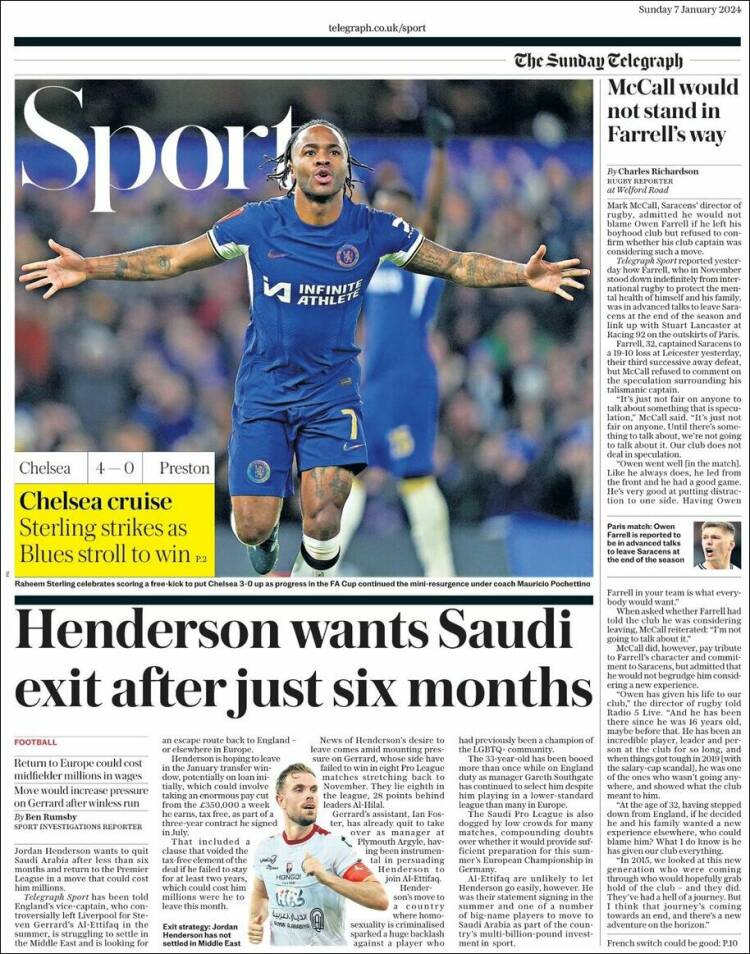 Portada de Telegraph Sport (Reino Unido)
