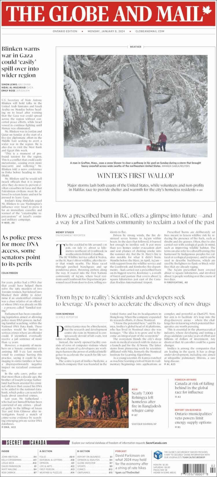 Portada de The Globe and Mail (Canadá)