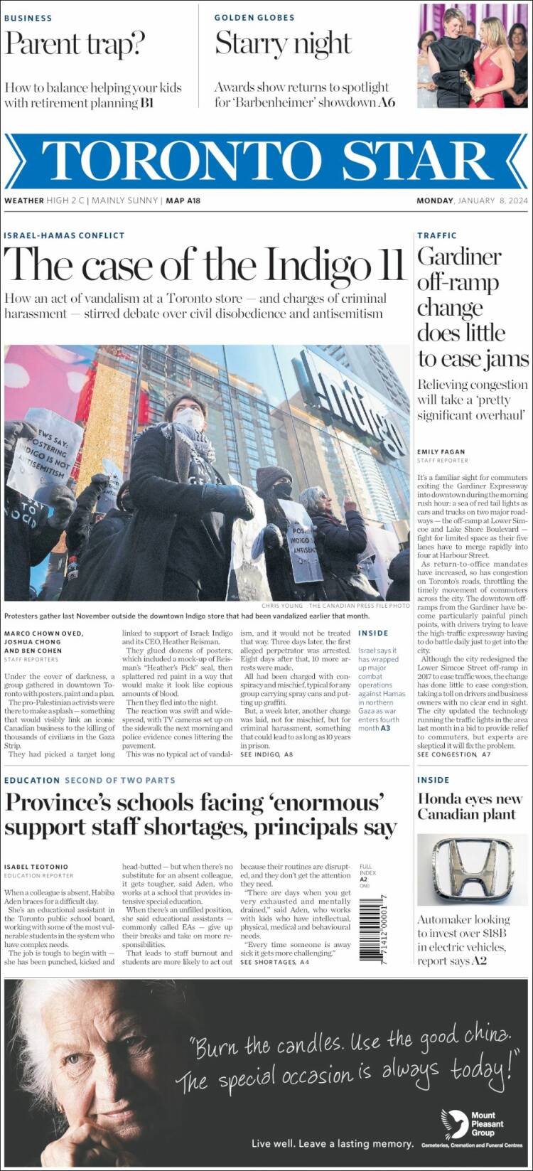 Portada de The Toronto Star (Canadá)