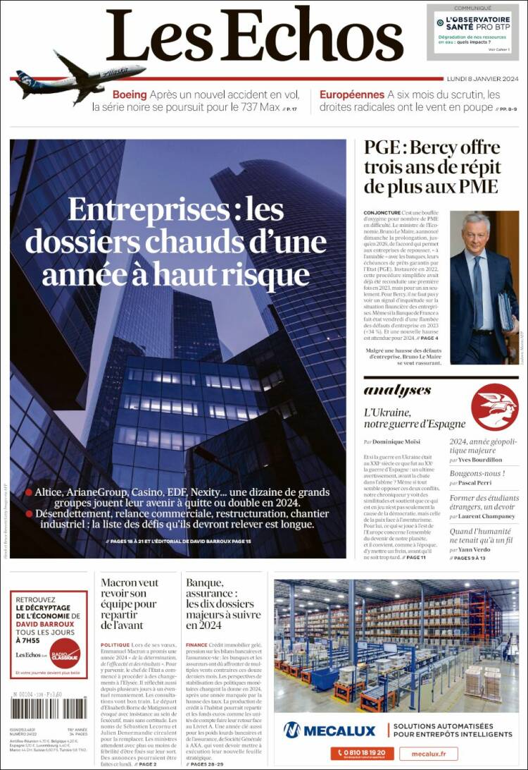 Portada de Les Echos (Francia)