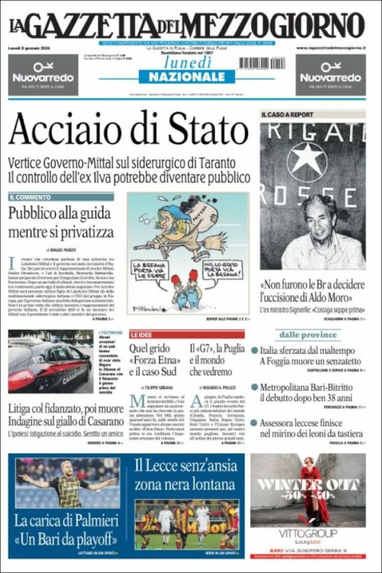 Portada de La Gazzetta del Mezzogiorno (Italia)