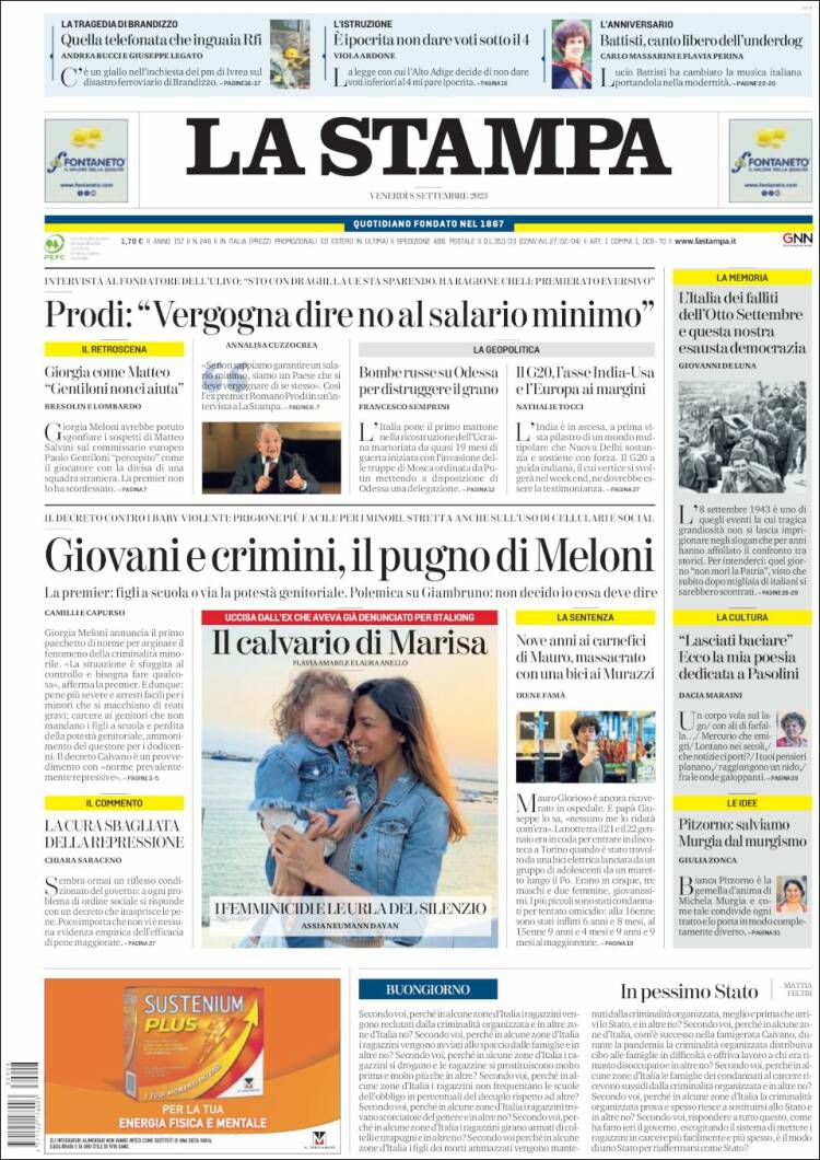 Portada de La Stampa (Italia)