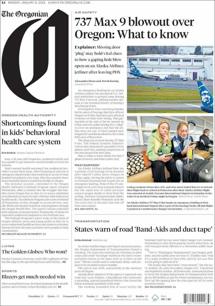 Portada de The Oregonian (USA)