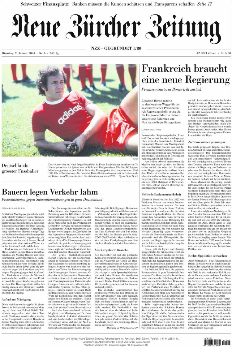 Portada de Neue Zürcher Zeitung (Suiza)