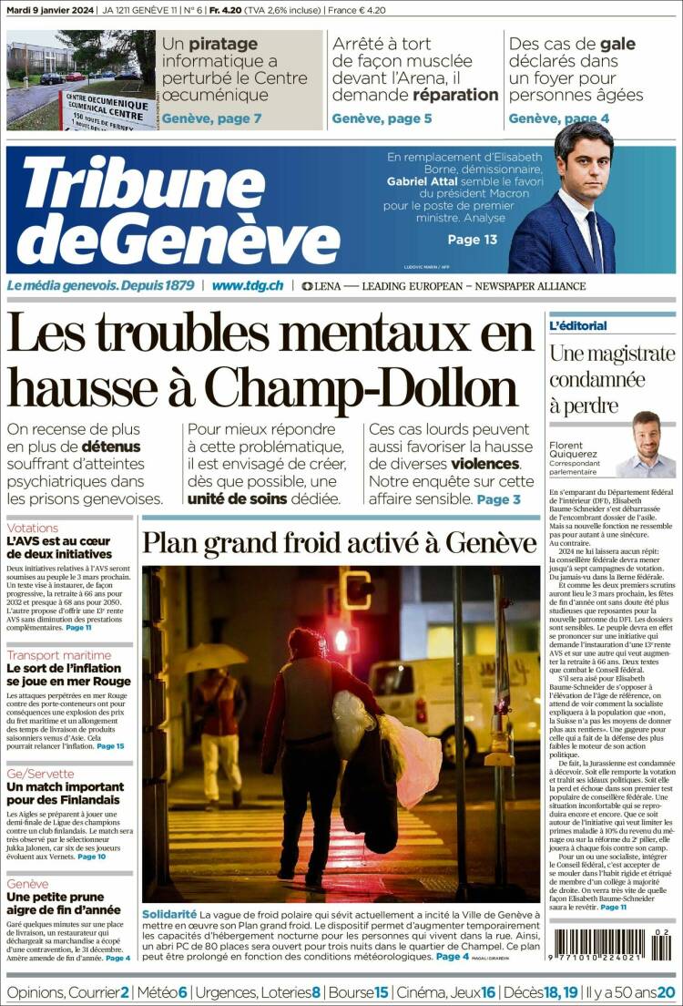Portada de La Tribune de Genève (Suiza)
