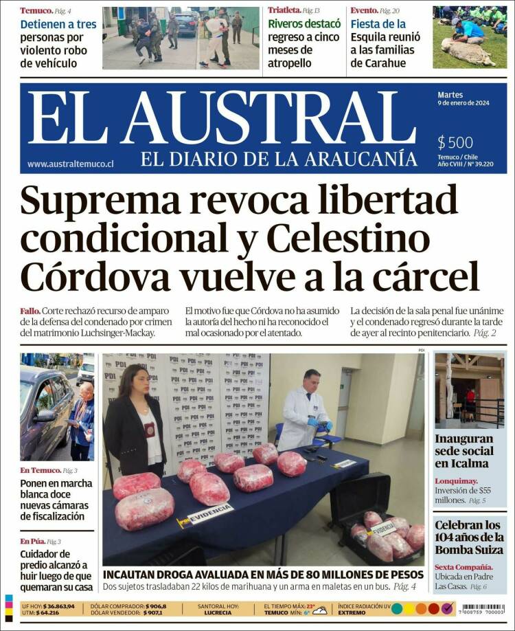 Portada de El Austral de Temuco (Chile)