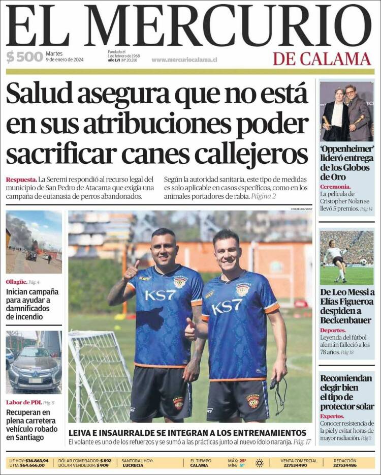 Portada de El Mercurio - Calama (Chile)